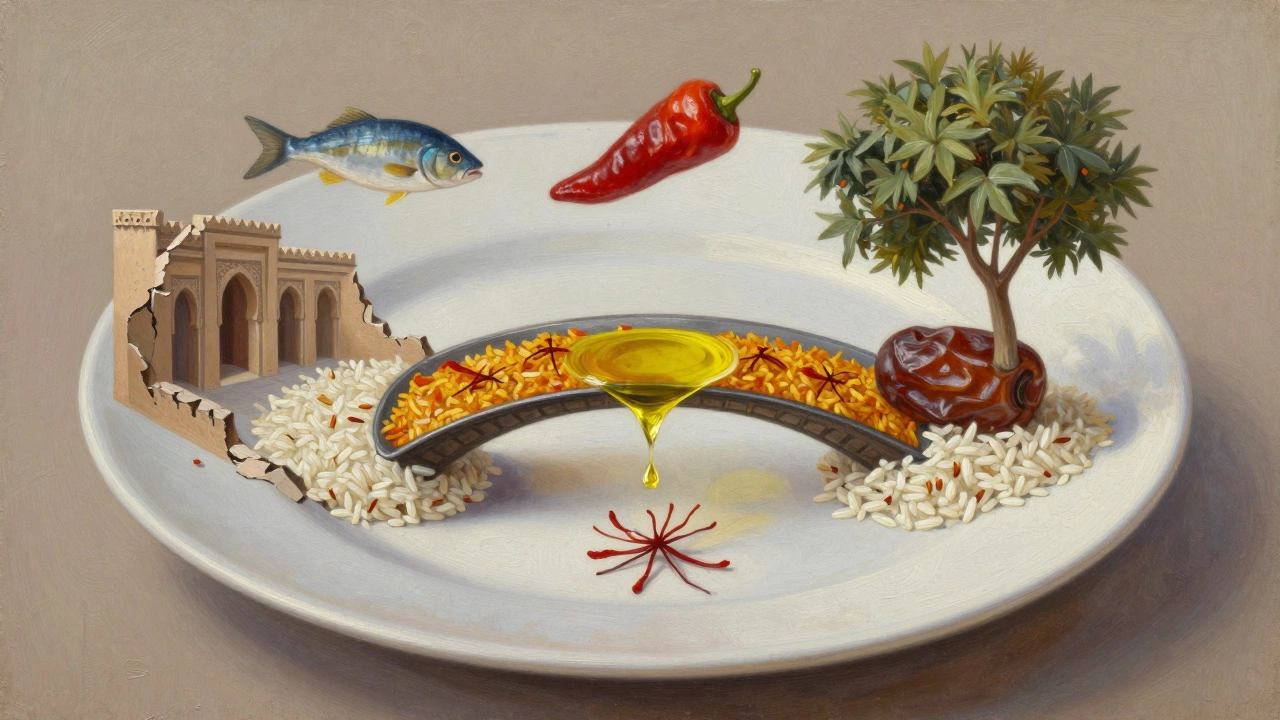 A symbolic fusion plate where Emirati and Catalan ingredients merge into a visual metaphor of cultural harmony.