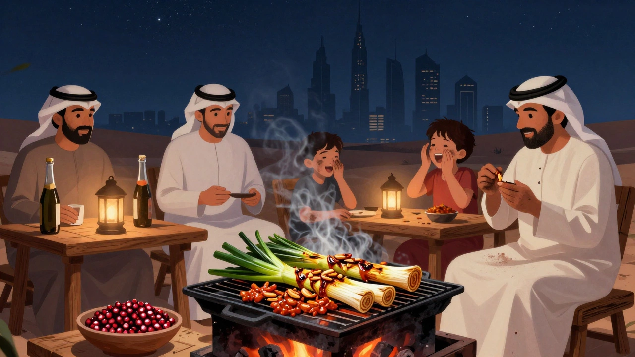 People grill calçots over charcoal at a winter night gathering, with lanterns and Dubai&#039;s skyline in the background.
